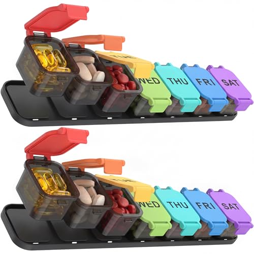 Image of Yaklim Extra Large Weekly Pill Organizer - Waterproof 7-Day Pill Box, Portable Vitamin & Supplement Case, Easy to Open Design, Ideal for Travel and Daily Medication Management (Rainbow, 2 Packs)