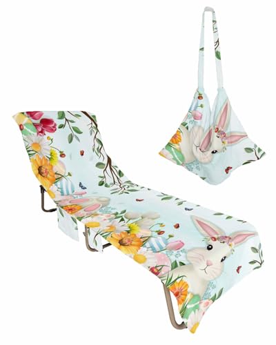 Spring Easter Bunny Beach Lounge Chair Towel Cover, Soft Chaise Lounge Towel with Side Pockets Patio Pool Chairs Cover for Beach/Pool Sunbathing 29x85 Colorful Floral Eggs Botanical