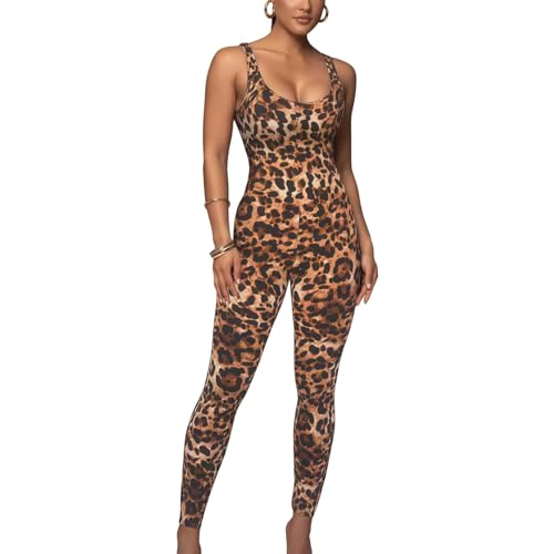 Leopard Print Romper for Women, Sleeveless U Neck Spaghetti Strap One Piece Jumpsuits, Stretchy Full Body Unitard Bodysuit Party Club Going Out, Slim Fit Yoga Playsuit for Workout Fitness Daily Wear