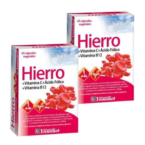 Ynsadiet Zentrum Bisglicinato de Hierro - Pack Ahorro 2 x 45 Cápsulas - Con Vitamina C, B12 y Ácido Fólico - Para Combatir Fatiga y Formar Glóbulos Rojos