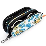 Tangoner Double Eyeglasses Case Soft Portable Zipper Sunglasses Pouch with Keychain Clip for Hiking Travel (Blue Flower)