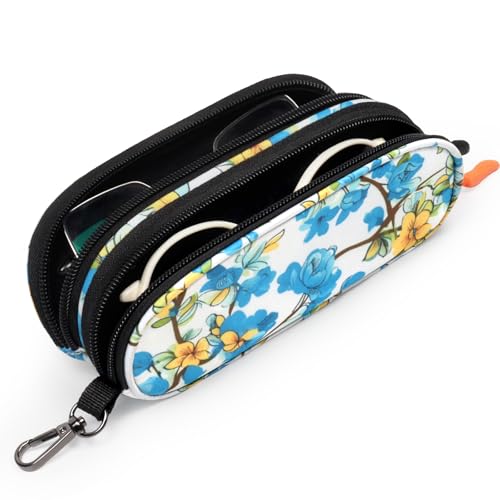 Tangoner Double Eyeglasses Case Soft Portable Zipper Sunglasses Pouch with Keychain Clip for Hiking Travel (Blue Flower)