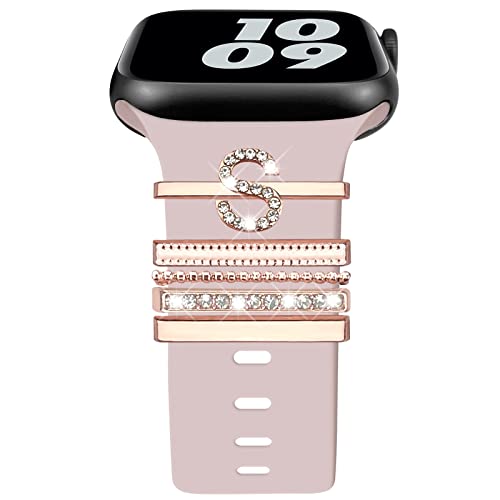 Kakurookie Decorative Rings Loops Compatible with Apple Watch Silicone Bands Charms 45mm 44mm 42mm 41mm 40mm 38mm iWatch Series 7 6 5 4 3 2 1 Watchband Metal Diamond Charms Accessories (No Band) (S-Rose Gold)