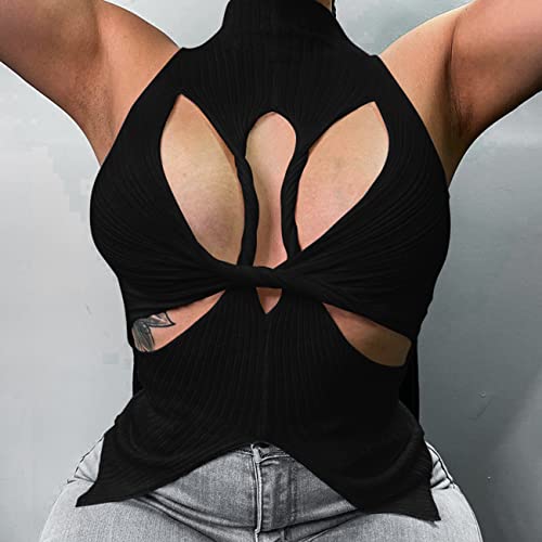 SAFRISIOR Women Sexy Hollow Out Twist Front Knitted Tank Tops Sleeveless High Neck Cut Out Sweater Vest2