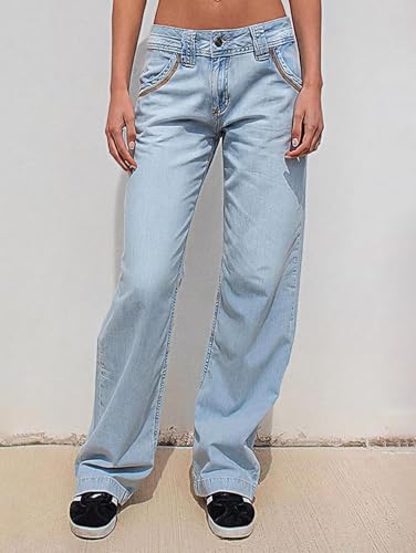 Flamingals Low Waisted Straight Leg Cargo Jeans for Women Stretch Casual Stitch Detail Denim Jeans2