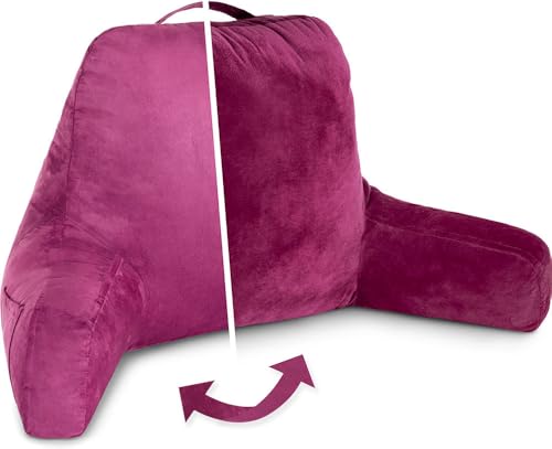 Husband Pillow Aspen Sliding Raspberry, Reading Pillow Bed Rest Chair, Two-Sided Reversible Fabric, Large Lounge Cushion Adult Backrest with Arms, Comfy Back Support for Sit Sitting Up, Washable Cover