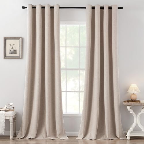 Image of MIULEE 100% Blackout Linen Textured Curtains for Bedroom 104 Inches Extra Long Thermal Insulated Natural Beige Grommet Room Darkening Curtains & Drapes Luxury for Living Room (2 Panels)