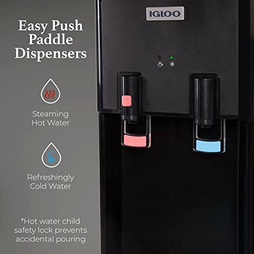 Igloo Top Loading Water Cooler – Hot & Cold Dispenser – Black & Stainless Steel, Holds 3 & 5 Gallon Jugs, Child Safety Lock – for Homes, Kitchens, Offices, Dorms
