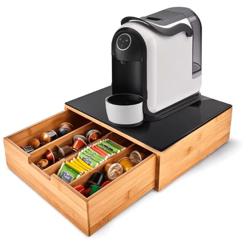 Soporte para cápsulas de café de bambú con cristal templado, organizador con cajón y 4 compartimentos, recipiente ahorra espacio para café, té y accesorios de cocina (cristal templado negro)
