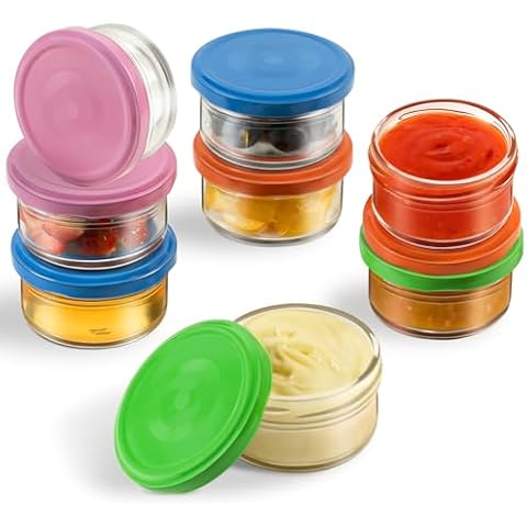 Freshmage [8 Pack] Salad Dressing Container to Go, 2.7 oz Glass Condiment Containers with Lids for Lunch Box, Small Sauce Containers Glass Jars with Lids Reusable & Leakproof Cover
