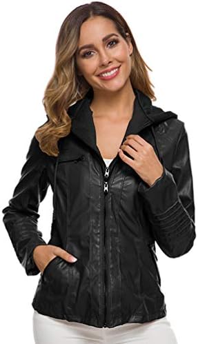 Giacca In Ecopelle Donna Con Cappuccio Rimovibile - Stile Motociclista, Nera, Taglia Large