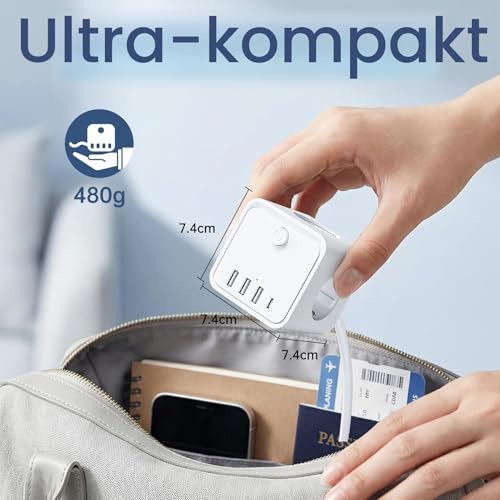 Steckdosenleiste, 7 in 1 Steckdosen mit USB, 3 Steckdosen, mit Schalter, 2 m, Steckdosenleiste mit USB, ideal für Wohnzimmer, Büro, Schlafzimmer 5
