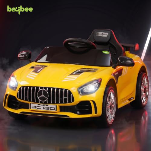 Image of Baybee Spyder Battery Operated Car for Kids | Rechargeable Battery Car with Bluetooth & USB | Electric Kids Car with Parental Control, LED Lights & Music | Ride on Cars for Kids 1-5 Years (Yellow)