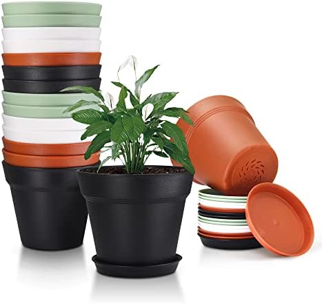 16 Pack Plastic Plant Pots with Drainage Holes and Tray, 4 inch Thickened Indoor Planters Seedlings Nursery Pots for Flowers, African Violet, Succulent and All House Plants, Colorful