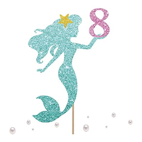 Mermaid 1 Cake Topper, Happy 5th Birthday Cake Decor for Baby Girl, Little Mermaid Birthday Party Decoration, Under the Sea Themed Party Supplies - Blue Glitter (8) Cover