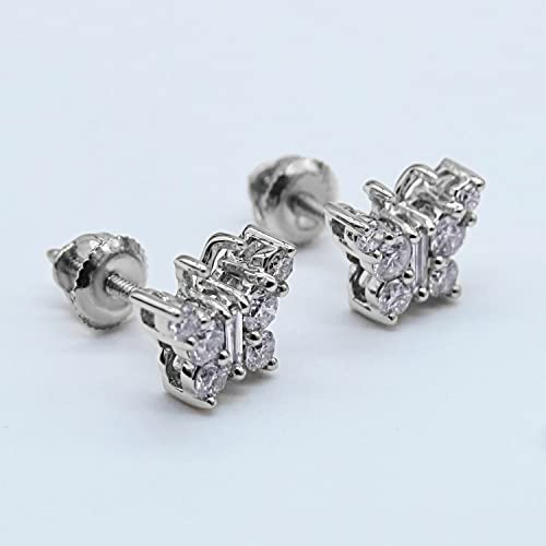 Dazzlingrock Collection Round Round & Baguette White Diamond Butterfly Style Screwback Stud Earrings For Her (0.48 Ctw, Color I-J, Clarity I2-I3) In 10K White Gold #TOP2