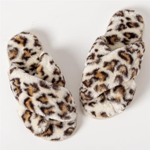 Image of Women's Cross Band Fuzzy Slippers Fluffy Open Toe House Slippers