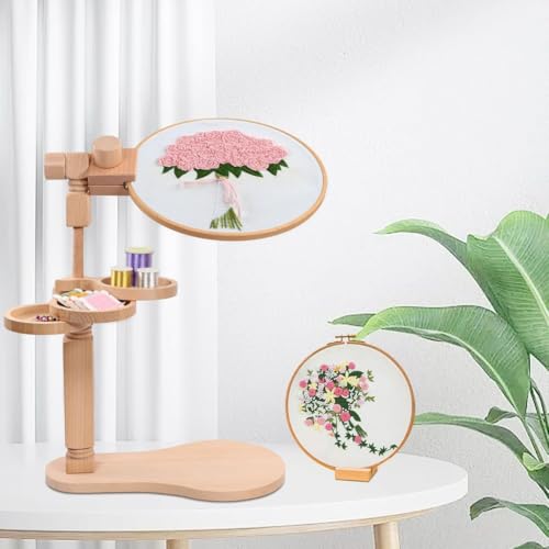 Soporte para bordado giratorio de madera ajustable con base estable de disco para mesa 3