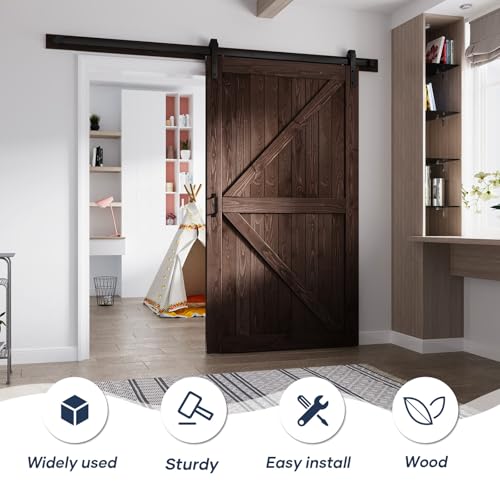 Image of FREDBECK 48x80 Brown Barn Door with 8ft (96inch) Hardware Track Kit and Handle Included,Double Surfaces,Simple Assembly is Required,K-Frame,Coffee
