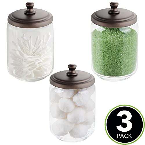 Mdesign Small Modern Apothecary Storage Organizer Canister Jars - Glass Containers For Bathroom, Organization Holder For Vanity, Counter, Makeup Table, Hyde Collection, 3 Pack, Clear/Bronze #TOP1
