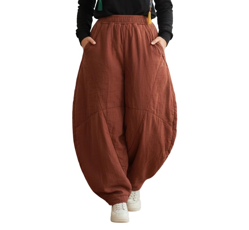 Womens Quilted Padded Linen Baggy Pants Vintage Elastic Waist Oversized Winter Lantern Wide Leg Trousers with Pockets
