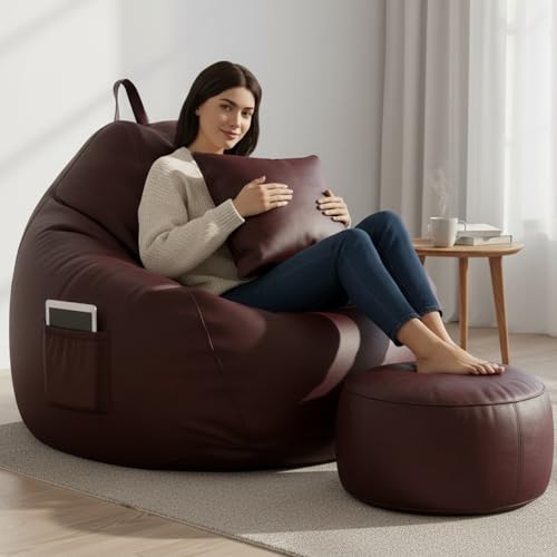 Image of KAM'S LIEU 5XL Bean Bag Combo with Footrest & Cushion | Filled with High Density EPS Beans | Comfortable Sofa for Living Room & Bedroom | 6 Months Warranty, Color- (Maroon, 5XL, Classic)