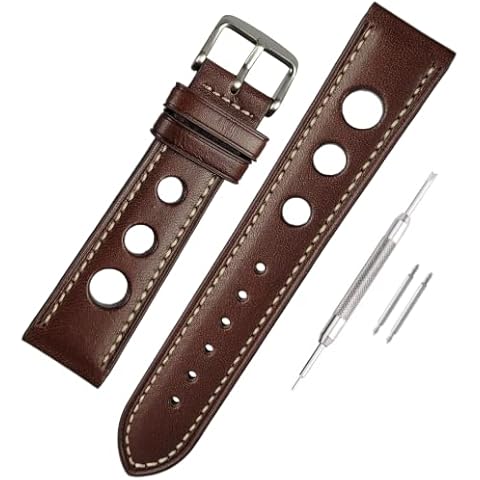 Luxury Leather Rally Style Watch Strap - 18mm 20mm 22mm - White Stitching - Black Navy Blue Brown Tan - Tool and Spring Bars Included (18mm, Dark Brown) Cover