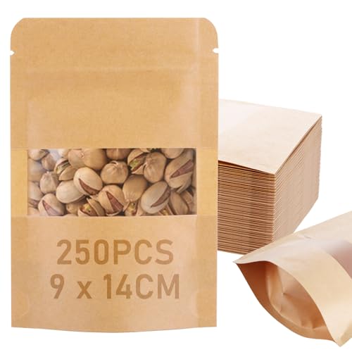 YOUNTHYE 250PCS Kraft Paper Bags, 9x14cm Brown Paper Bags with Clear Window, Resealable Pouches Kraft Paper Food Bags for Dried Food Nuts Tea Coffee Beans