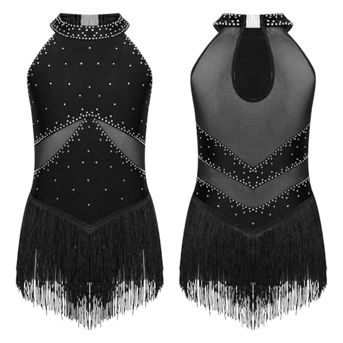 Xnihocha Kids Girls Sparkly Fringed Latin Dance Dress Tassel Gymnastics Leotard Bodysuit Modern Dance Costume Black 15-16 Years