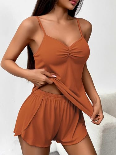 Image of Ekouaer Womens Cami Pajama Sets 2 Piece Ribbed Knit Lingerie Sleeveless Tank Top and Shorts Camisole Pjs Sleepwear
