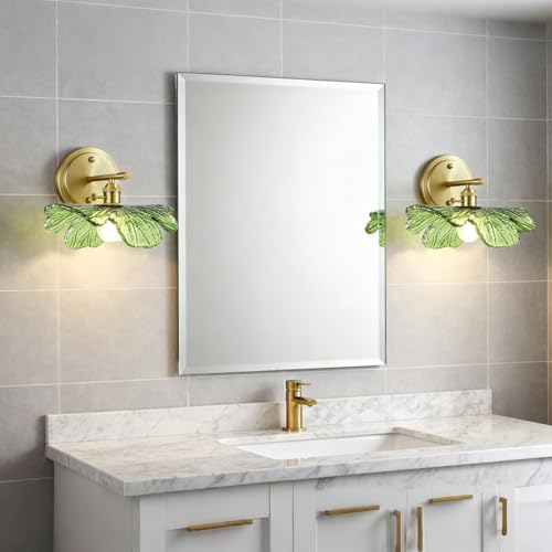 Image of Green Glass Sconce 2 Light Leaf Bathroom Vanity Light Mid Century | Vintage Wall Sconces Set of 2 Gold Wall Lamp, E26 Brass Base, Vanity Light fixtures, Living Room Hallway Entryway