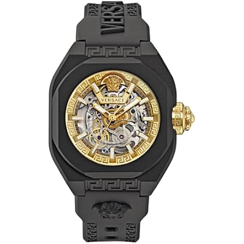 Versace V-Legend Skeleton Collection Luxury Mens Watch Timepieces with a Black Strap and Case Featuring a Gold Dial