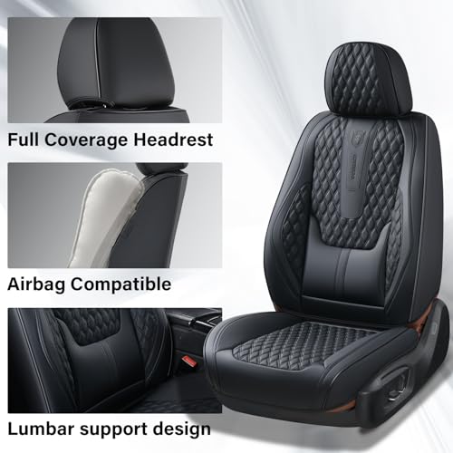 Image of Coverado Car Seat Covers Full Set, Black Seat Covers for Car with Lumbar Support, Nappa Leather Seat Covers Waterproof Car Seat Protectors Universal Fit for Most Cars SUV Trucks