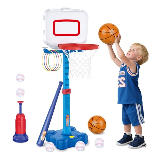 Image of YAOASEN Toddler Basketball Hoop & Baseball Toy Set - Sturdy Adjustable Basketball Stand with Ball Launcher - Multi-Sport Backyard Toy for Boys & Girls Ages 1 2 3 - Includes Basketballs & Baseballs