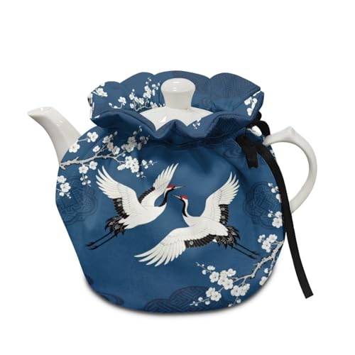 Image of Xoenoiee Cranes White Plum Blossom Pattern Tea Cozy Tea Pot Cover Insulation Tea Cosy Teapot Dust Cover Teapot Warmer for Home Kitchen Teapot Covers