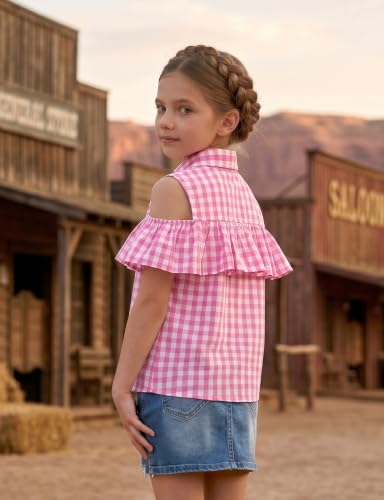 Image of Noomelfish Girls Ruffle Cold Shoulder Top Blouse Short Sleeve Button Down Shirts (4-12 Years)
