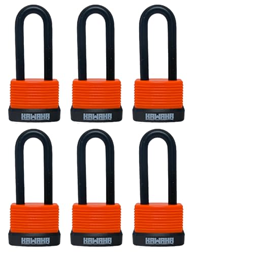 KAWAHA 92/40L-6P Waterproof Long Shackle Aluminum Padlocks with Key (Ultralight, Keyed Alike, Aluminum Body with Thermoplastic Case) for Garage, Fence, Shed, Yard, Outdoor (1.75 in.)*6