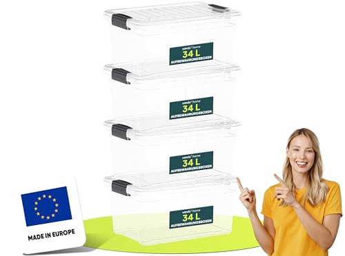 uandu Aufbewahrungsbox mit deckel groß, 4er Set BPA Frei Kunststoff, Aufbewahrungsboxen Stapelbar, Hundefutter trocken 15kg Aufbewahrung, Plastikbox, Storage Boxes - 34Lx4