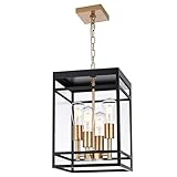 VINLUZ 16' Outdoor Pendant Light with Adjustable Chain, 4-Light Black and Gold Finish Outdoor Hanging Light Fixture, Exterior Linear Hanging Lantern Chandelier for Entryway, Patio, Garden, Front Door