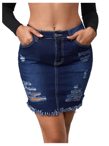 WDIRARA Women's Ripped Raw Hem Bodycon Denim Skirt High Waisted Mini Jean Skirts