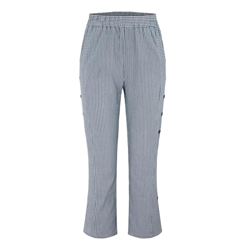 Women's Casual Pants Striped Side Button Elastic Waist Trendy Pants Straight Leg Baggy Trousers with Pocket2
