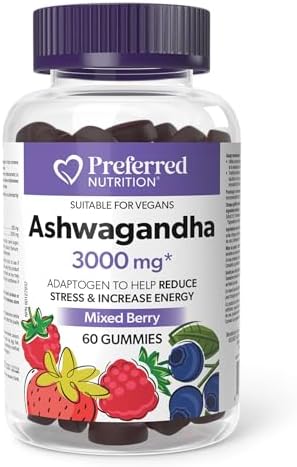 Preferred Nutrition® Ashwagandha 3000 mg 60 Gummies Mixed Berry, Gelatin-Free, Vegan, Adaptogen to Help Reduce Stress and Increase Energy, Proudly Canadian