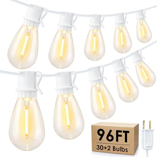 Larkvue 96FT LED Outdoor String Lights, Waterproof Patio Lights with 30+2 2700K Dimmable Vintage Edison Hanging Plastic Bulbs for Bistro Wedding-White