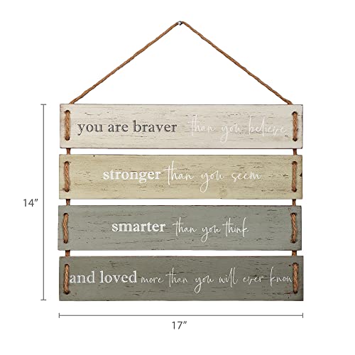 You Are Braver Than You Believe, Stronger Than You Seem Quote Wall Decor, Decorative Wood Plank Hanging Sign 17” x 14” by Barnyard Designs