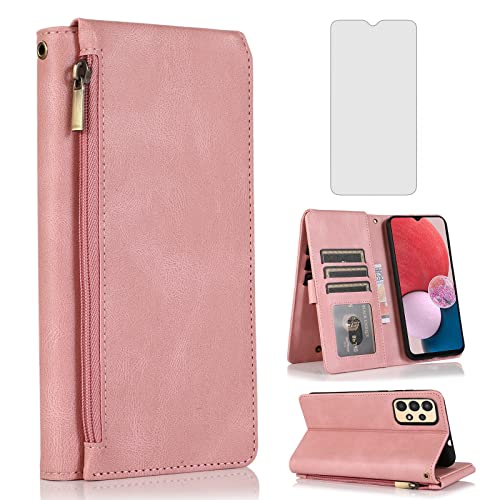 Asuwish Compatible with Samsung Galaxy A13 4G Wallet Case Tempered Glass Screen Protector Zipper Leather Flip Cover Card Holder Stand Cell Phone for Gaxaly A 13 LTE 2022 13A SM-A135U Women Rose Gold