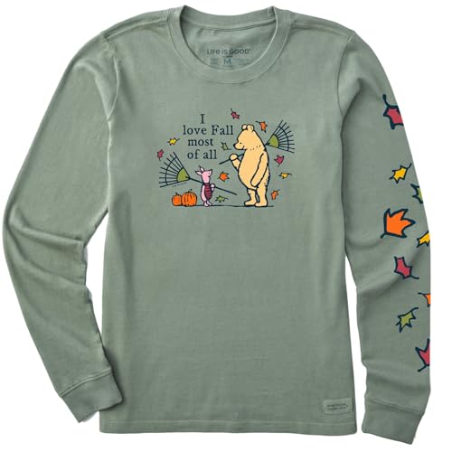 Life is Good. Women's Winnie I Love Fall Most of All Long Sleeve Crusher Tee, Moss Green