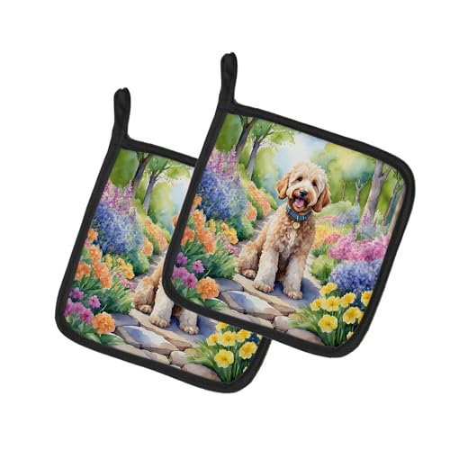 Caroline's Treasures Goldendoodle Spring Path Pair of Pot Holders Kitchen Heat Resistant Pot Holders Sets Oven Hot Pads for Cooking Baking BBQ, 7 1/2 x 7 1/2