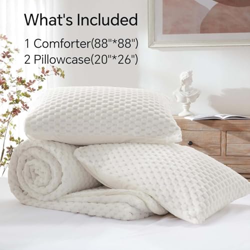 Image of BEDELITE Fluffy Queen Comforter Set - White Fleece Soft Comforter for Queen Size Bed, Luxury Warm Bedding Set for Winter, Fuzzy Bed Set 3 Pieces (1 Comforter, 2 Pillowcases)