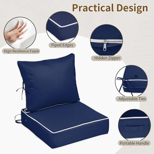 Image of 22x24 Outdoor Chair Cushions Set of 2, Waterproof Deep Seat Cushions for Patio Furniture with Removable Cover, Fade Resistant 4'' Outdoor Seat Cushion w /Ties&Handle for Sofa Loveseat,Navy+Piping