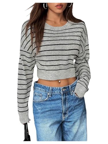 Image of Verdusa Women's Striped Y2k Crop Sweaters Crew Neck Long Sleeve Pullover Knitted Tops